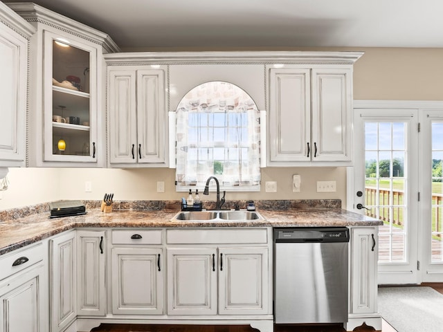 8300 Aedc Rd, Estill Springs, TN 37330 - kitchen featuring stainless steel dishwasher, glass insert cabinets, and white cabinetry