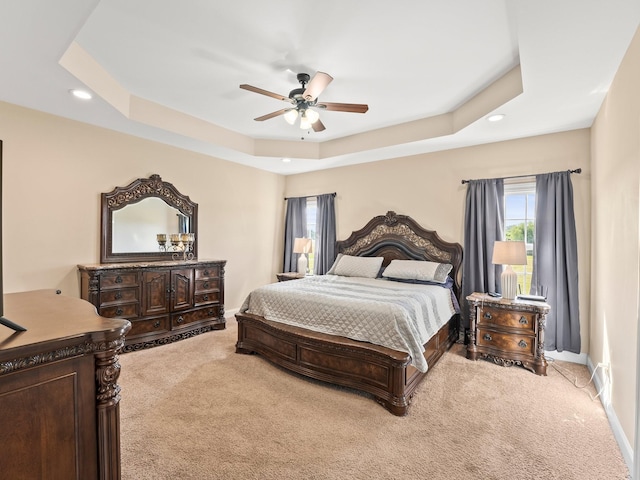8300 Aedc Rd, Estill Springs, TN 37330 - bedroom with light carpet, a raised ceiling, recessed lighting, and a ceiling fan