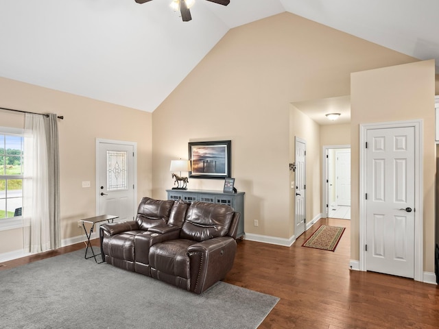 8300 Aedc Rd, Estill Springs, TN 37330 - living room with high vaulted ceiling, ceiling fan, and dark wood finished floors