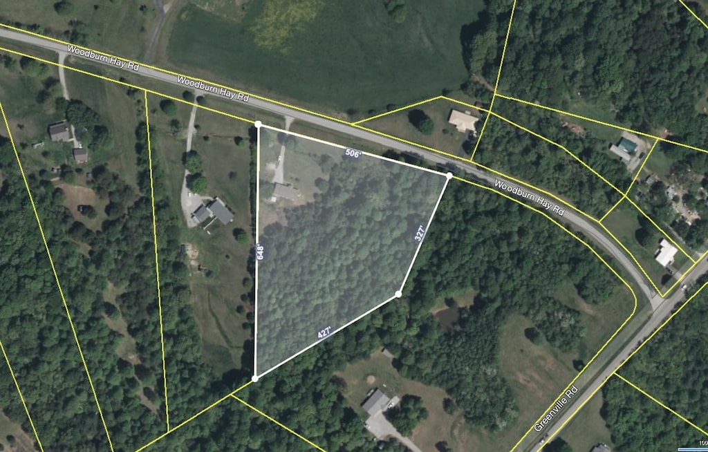 3640 Woodburn Hay Rd, Hopkinsville, KY 42240 - aerial overview of property's location with property parcel outlined