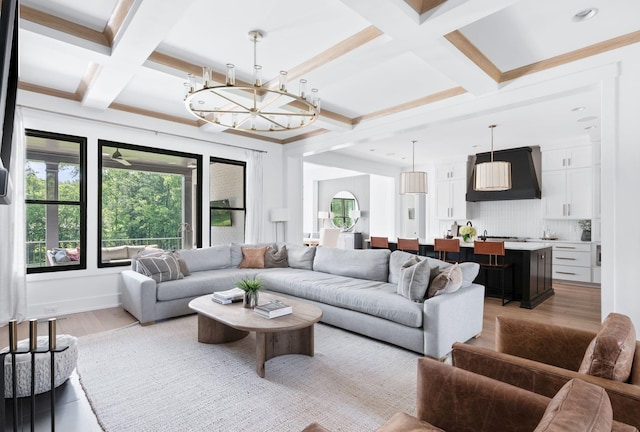 1526 Lipscomb Dr, Brentwood, TN 37027 - living room featuring coffered ceiling, light wood-style flooring, beam ceiling, and a chandelier