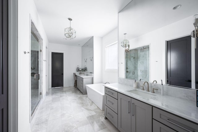 1526 Lipscomb Dr, Brentwood, TN 37027 - bathroom with a stall shower, two vanities, a bath, and marble finish flooring