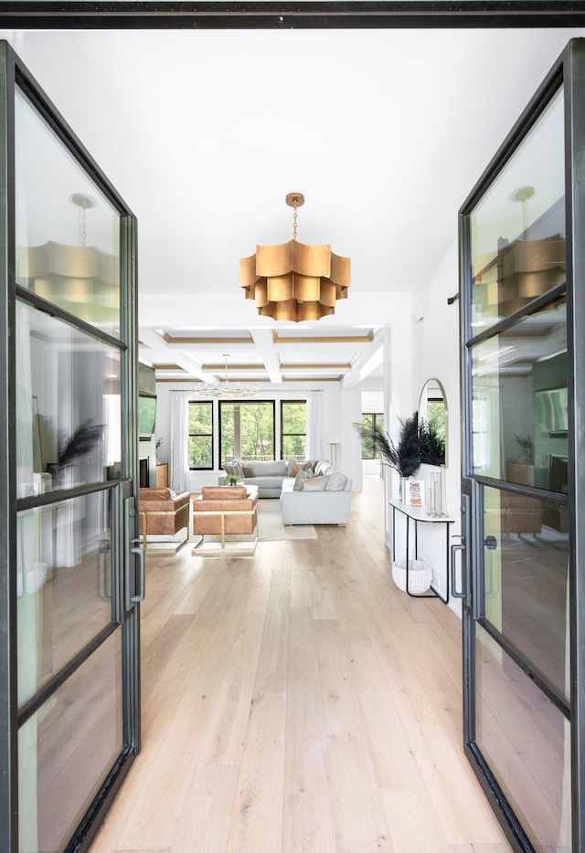 1526 Lipscomb Dr, Brentwood, TN 37027 - corridor featuring light wood-style flooring, a chandelier, coffered ceiling, and beam ceiling