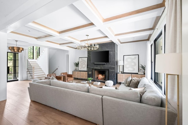 1526 Lipscomb Dr, Brentwood, TN 37027 - living area featuring a chandelier, coffered ceiling, stairs, hardwood / wood-style flooring, and beam ceiling
