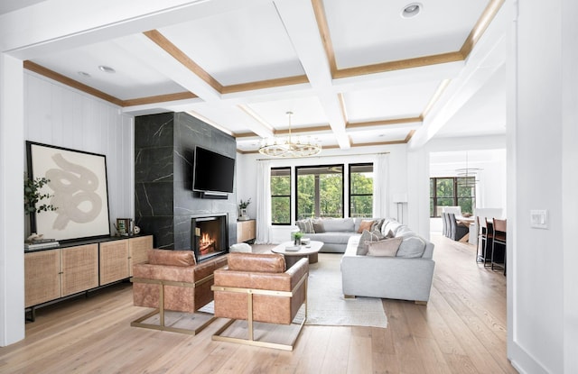 1526 Lipscomb Dr, Brentwood, TN 37027 - living area featuring light wood-type flooring, a chandelier, beam ceiling, a premium fireplace, and coffered ceiling