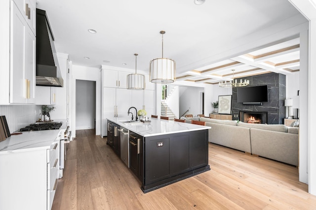 1526 Lipscomb Dr, Brentwood, TN 37027 - kitchen with coffered ceiling, gas stove, wall chimney range hood, dark cabinets, and white cabinetry