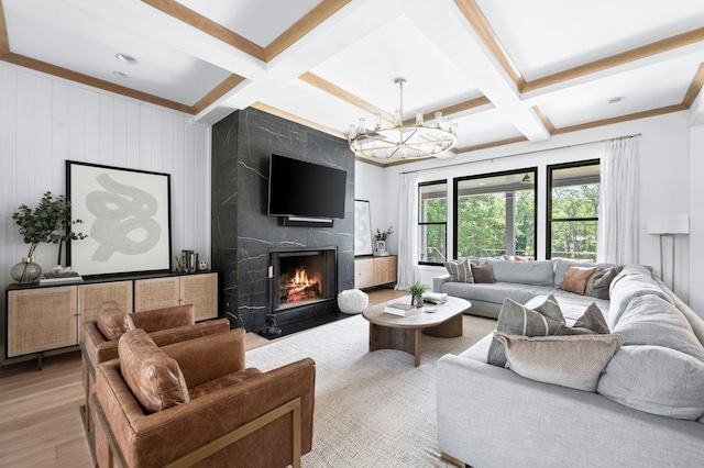 1526 Lipscomb Dr, Brentwood, TN 37027 - living room with coffered ceiling, a premium fireplace, ornamental molding, a chandelier, and beamed ceiling