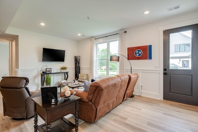 1526 Lipscomb Dr, Brentwood, TN 37027 - living room with a decorative wall, wainscoting, light wood-type flooring, and recessed lighting