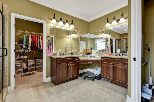 7003 Neville Dr, Ooltewah, TN 37363 - full bath featuring a stall shower, crown molding, vanity, a spacious closet, and tile patterned floors