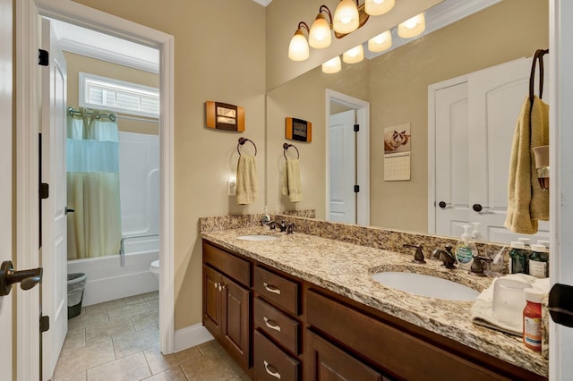 7003 Neville Dr, Ooltewah, TN 37363 - bathroom with double vanity, tile patterned flooring, and shower / bathtub combination with curtain