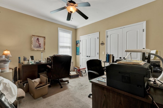 7003 Neville Dr, Ooltewah, TN 37363 - office with light carpet, a ceiling fan, and ornamental molding
