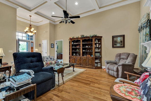 7003 Neville Dr, Ooltewah, TN 37363 - living room featuring light wood-type flooring, a high ceiling, coffered ceiling, beamed ceiling, and a chandelier
