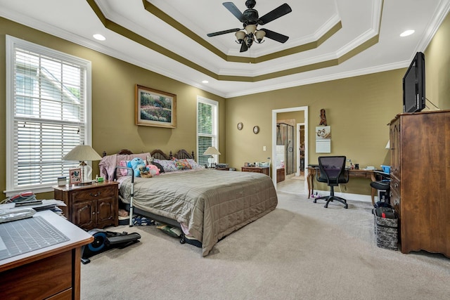 7003 Neville Dr, Ooltewah, TN 37363 - bedroom featuring light carpet, crown molding, a raised ceiling, an office area, and recessed lighting