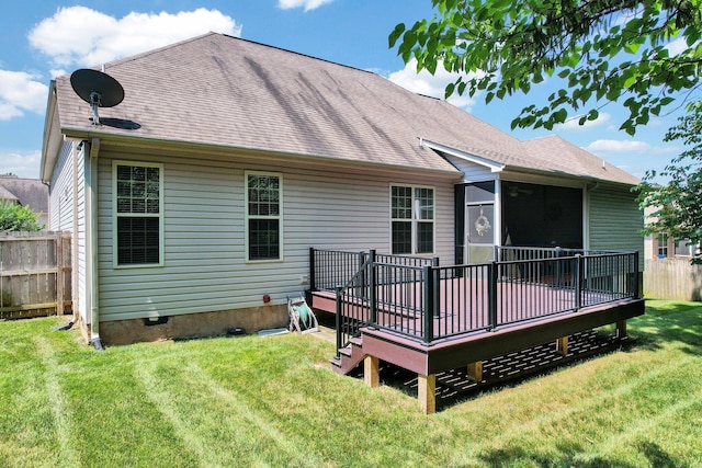 7003 Neville Dr, Ooltewah, TN 37363 - rear view of property featuring a wooden deck, a sunroom, roof with shingles, and crawl space