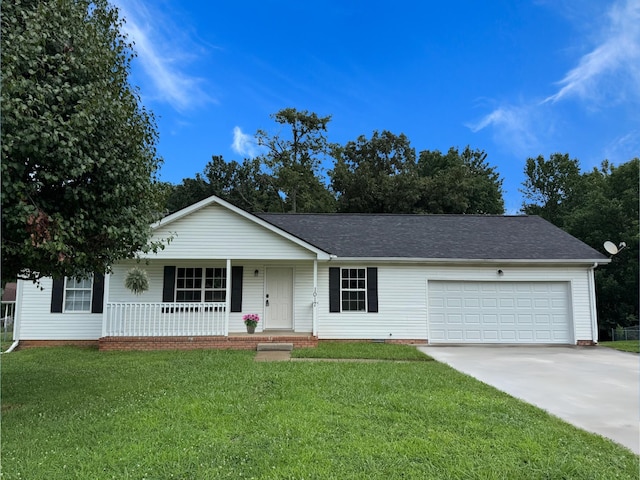 1017 Mile High Dr, Clarksville, TN 37042 - ranch-style home with a porch, an attached garage, concrete driveway, a front yard, and a shingled roof