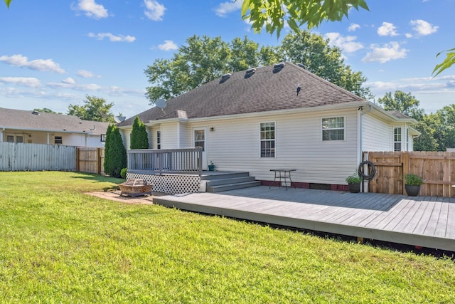 1902 Vicksburg Cir, Columbia, TN 38401 - back of house with a fire pit, a fenced backyard, a wooden deck, and roof with shingles