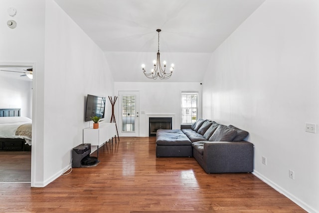 1902 Vicksburg Cir, Columbia, TN 38401 - living area featuring a chandelier, wood finished floors, high vaulted ceiling, a ceiling fan, and a fireplace