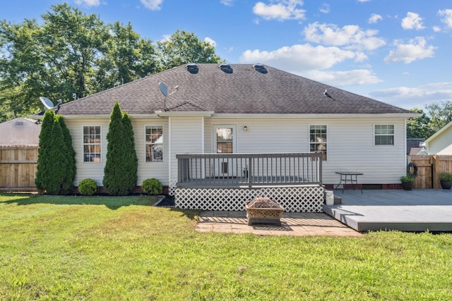 1902 Vicksburg Cir, Columbia, TN 38401 - back of property with a fire pit, a wooden deck, and roof with shingles