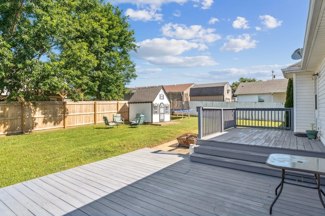 1902 Vicksburg Cir, Columbia, TN 38401 - wooden deck featuring a storage shed, a trampoline, a fenced backyard, and a residential view