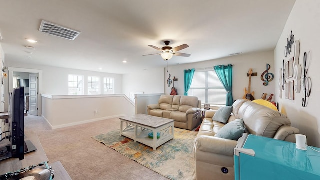 308 Whisper Wood Way, Lebanon, TN 37087 - living room featuring healthy amount of natural light, light carpet, a ceiling fan, and recessed lighting