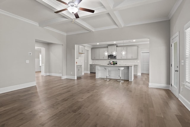 10787 Prairie Lake Dr, Apison, TN 37302 - unfurnished living room with coffered ceiling, beamed ceiling, ceiling fan, dark wood-style flooring, and recessed lighting