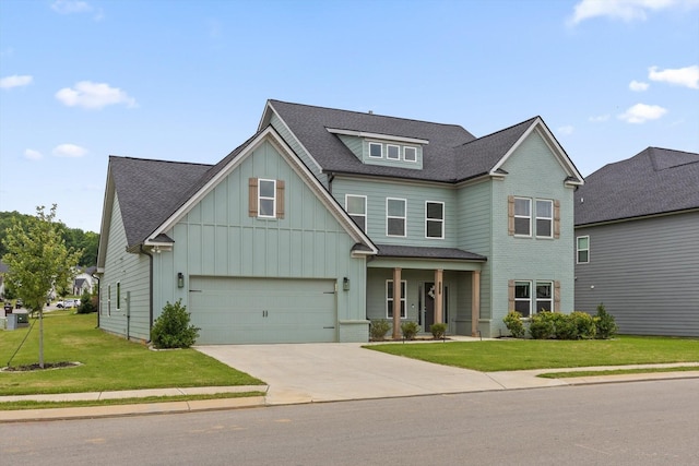 10787 Prairie Lake Dr, Apison, TN 37302 - view of front facade with board and batten siding, a front lawn, concrete driveway, an attached garage, and roof with shingles