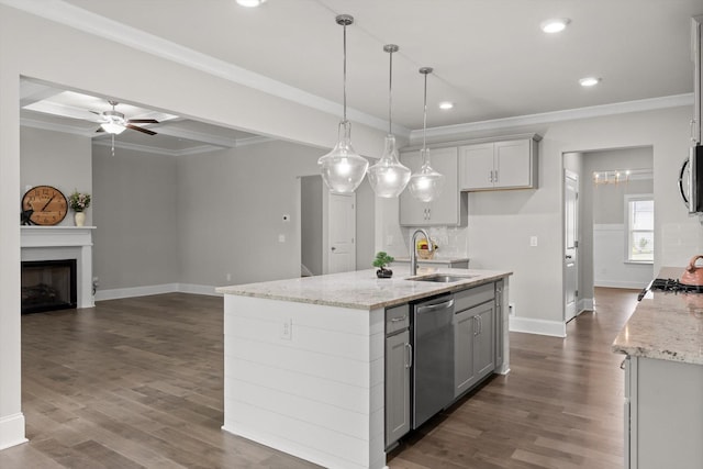10787 Prairie Lake Dr, Apison, TN 37302 - kitchen featuring appliances with stainless steel finishes, dark wood finished floors, ceiling fan, recessed lighting, and a fireplace