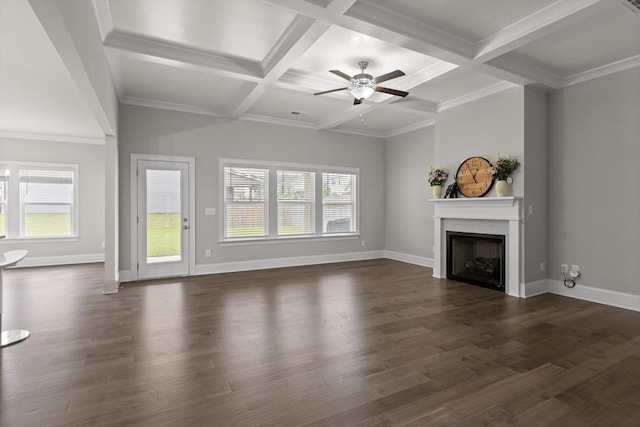 10787 Prairie Lake Dr, Apison, TN 37302 - unfurnished living room with coffered ceiling, a fireplace, healthy amount of natural light, dark wood-style floors, and beam ceiling
