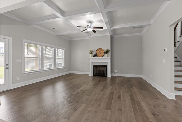 10787 Prairie Lake Dr, Apison, TN 37302 - unfurnished living room featuring stairs, dark wood-style floors, coffered ceiling, a fireplace, and ceiling fan