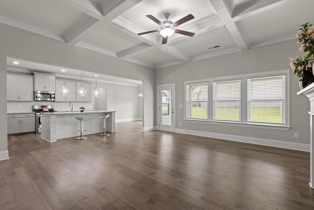 10787 Prairie Lake Dr, Apison, TN 37302 - unfurnished living room featuring coffered ceiling, a ceiling fan, beam ceiling, dark wood-style flooring, and recessed lighting