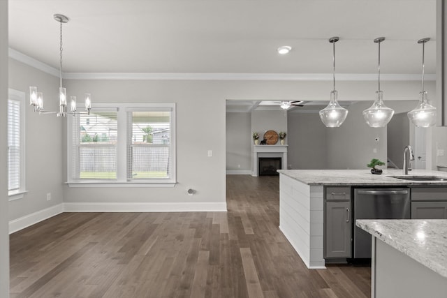 10787 Prairie Lake Dr, Apison, TN 37302 - kitchen featuring dishwasher, ornamental molding, dark wood-style flooring, a ceiling fan, and a fireplace