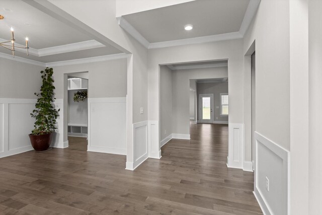 10787 Prairie Lake Dr, Apison, TN 37302 - hallway featuring crown molding, a decorative wall, wainscoting, wood finished floors, and recessed lighting