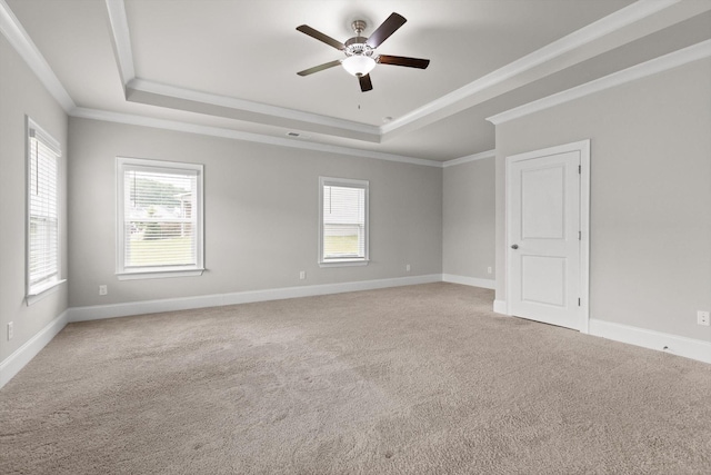 10787 Prairie Lake Dr, Apison, TN 37302 - empty room with a tray ceiling, a ceiling fan, ornamental molding, and carpet floors