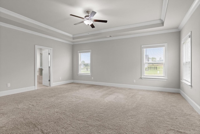 10787 Prairie Lake Dr, Apison, TN 37302 - unfurnished room with a raised ceiling, healthy amount of natural light, crown molding, ceiling fan, and light colored carpet