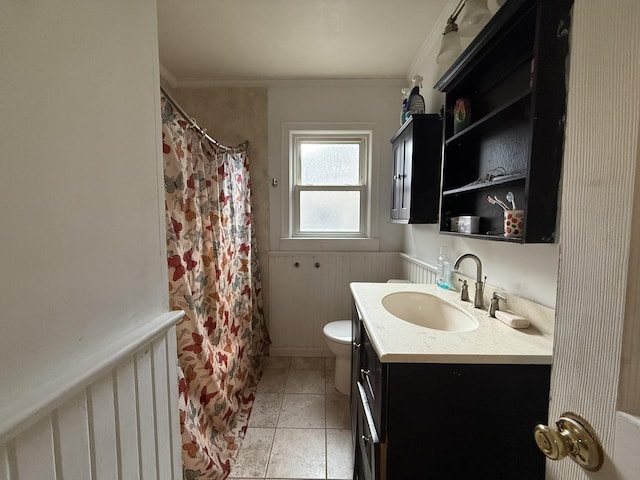 234 Ridgewood Ave, Paducah, KY 42001 - bathroom featuring vanity, a wainscoted wall, ornamental molding, tile patterned flooring, and a shower with shower curtain