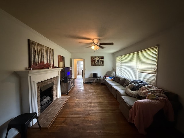 234 Ridgewood Ave, Paducah, KY 42001 - living area featuring ceiling fan, a fireplace, dark wood finished floors, and crown molding