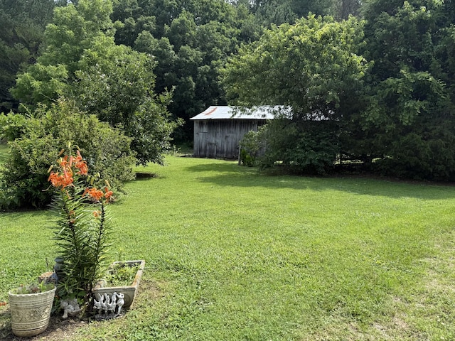 46 Brier Hill Rd, Ethridge, TN 38456 - view of grassy yard with an outdoor structure and a wooded view
