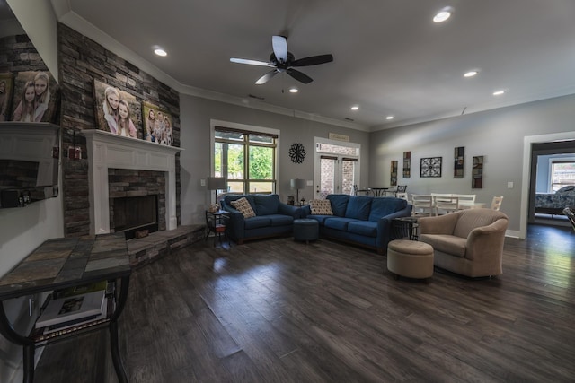 1652 Lantana Dr, Thompsons Station, TN 37179 - living room with crown molding, wood finished floors, a ceiling fan, recessed lighting, and a stone fireplace