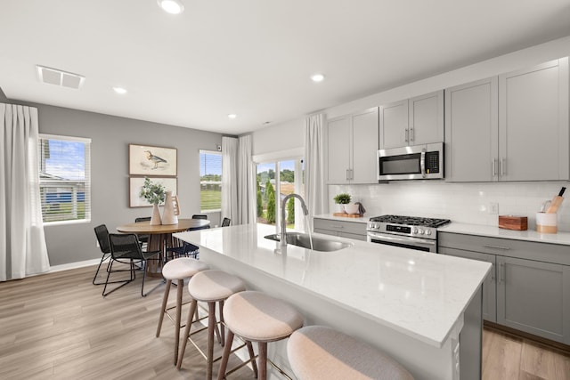 7214 Hanworth St, Fairview, TN 37062 - kitchen featuring appliances with stainless steel finishes, gray cabinets, backsplash, light wood-style floors, and an island with sink