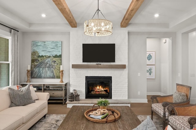 3364 Sarah Bee Ln, Thompsons Station, TN 37179 - living area with beamed ceiling, wood finished floors, a chandelier, a fireplace, and recessed lighting
