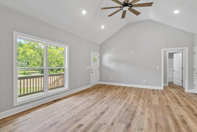 763 Potter Rd, Dickson, TN 37055 - unfurnished living room with ceiling fan, recessed lighting, light wood-style floors, and high vaulted ceiling