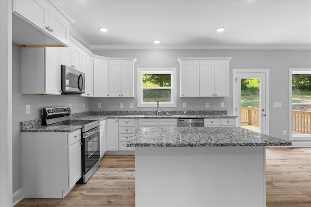 763 Potter Rd, Dickson, TN 37055 - kitchen featuring appliances with stainless steel finishes, healthy amount of natural light, white cabinetry, dark stone counters, and ornamental molding