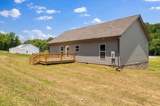 763 Potter Rd, Dickson, TN 37055 - back of house featuring crawl space, a deck, a lawn, and roof with shingles