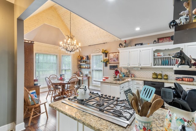 1104 Golf Course Ln, Ashland City, TN 37015 - kitchen featuring stainless steel gas cooktop, white cabinetry, lofted ceiling, backsplash, and dishwasher