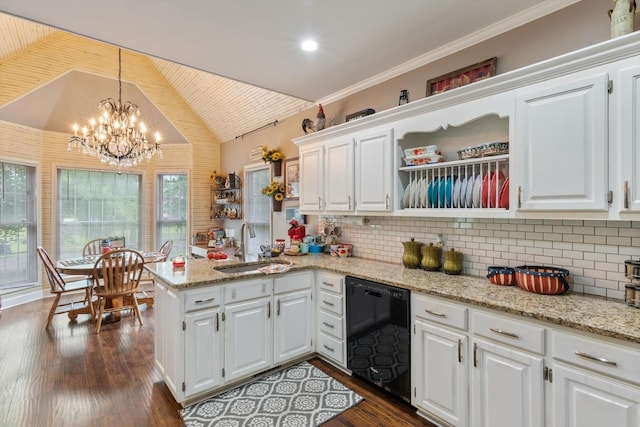 1104 Golf Course Ln, Ashland City, TN 37015 - kitchen with black dishwasher, lofted ceiling, a peninsula, white cabinetry, and a chandelier