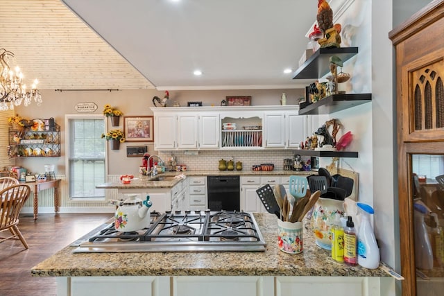 1104 Golf Course Ln, Ashland City, TN 37015 - kitchen featuring open shelves, stainless steel gas stovetop, black dishwasher, decorative backsplash, and white cabinets