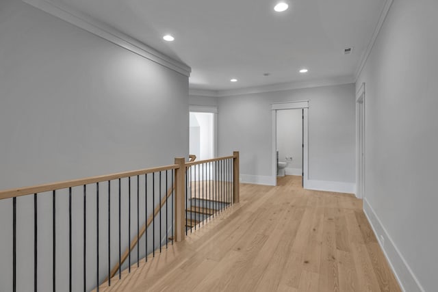 343 Circuit Rd, Franklin, TN 37064 - corridor with an upstairs landing, ornamental molding, recessed lighting, and light wood finished floors