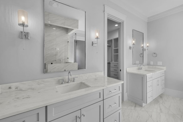 343 Circuit Rd, Franklin, TN 37064 - bathroom with marble finish floors, a stall shower, two vanities, and ornamental molding