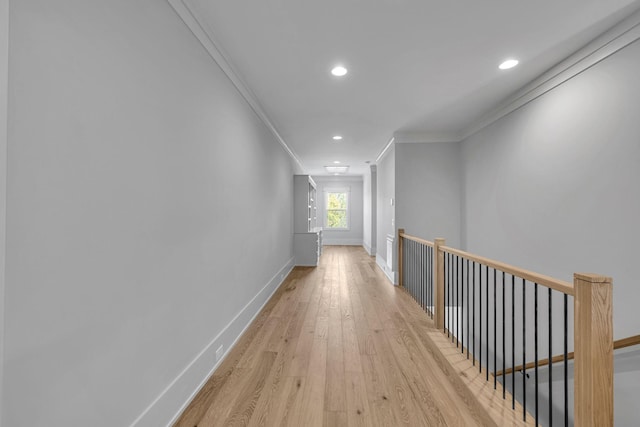 343 Circuit Rd, Franklin, TN 37064 - hall featuring an upstairs landing, light wood-type flooring, crown molding, and recessed lighting