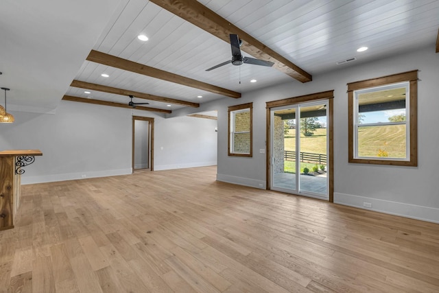 343 Circuit Rd, Franklin, TN 37064 - unfurnished living room featuring ceiling fan, light wood finished floors, beamed ceiling, and recessed lighting